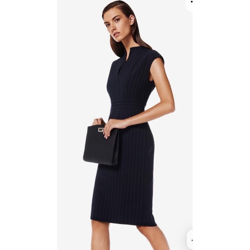 Max Mara Black Wool Pinstripe Sheath Dress Cap Sleeve Size 6